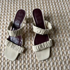 STAUD Cream Ruched Double-Strap Mules
